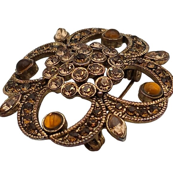 VTG Brooch 2PC Gold Tone Floral Root Beer Antique Style Art Deco WhimsyGoth Pin - Picture 2 of 16